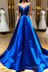 Royal Blue Satin A Line V Neck Long Formal Prom Dresses