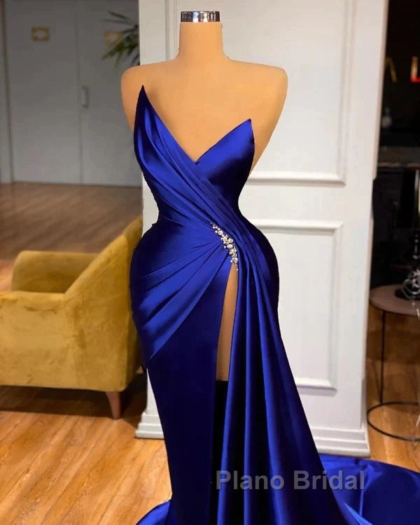 Royal Blue Satin Beading Ruched Formal Prom Dresses With Slit Secondary image