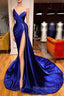Royal Blue Satin Beading Ruched Formal Prom Dresses With Slit