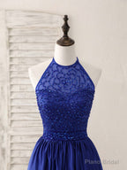 Royal Blue Satin Beads Short Prom Dress Blue Homecoming Dress