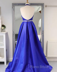 Royal Blue Satin Deep V Neck Simple Long Formal Prom Dresses Backless Party Dresses