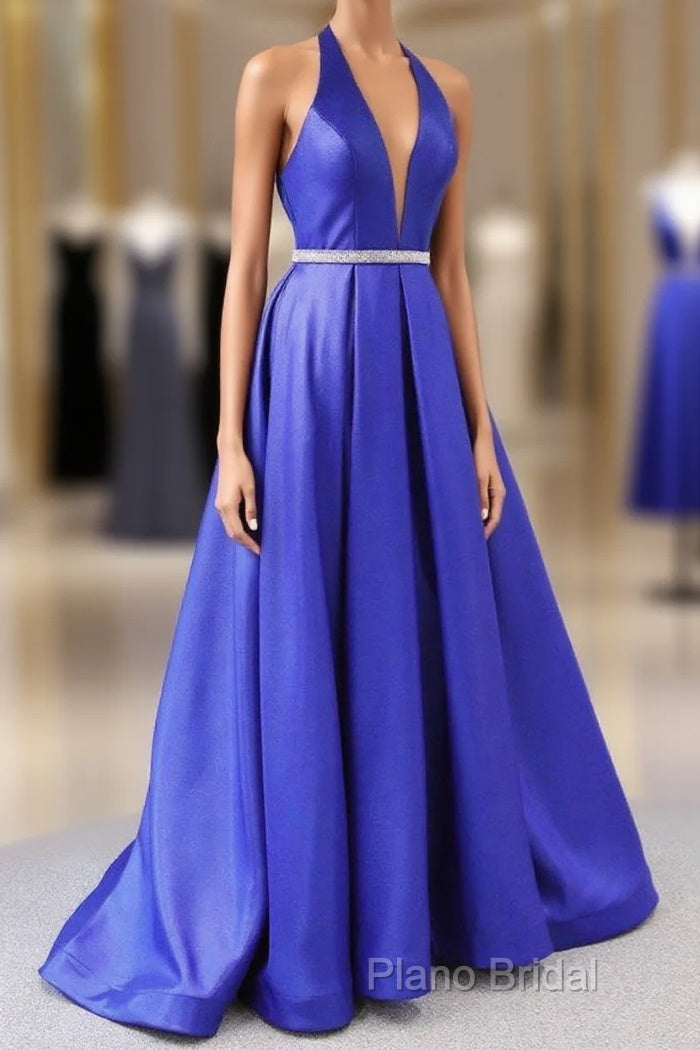 Royal Blue Satin Deep V Neck Simple Long Formal Prom Dresses Backless Party Dresses Main image