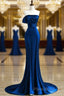 Royal Blue Satin Mermaid Scoop Long Party Dresses, Royal Blue Formal Prom Dresses