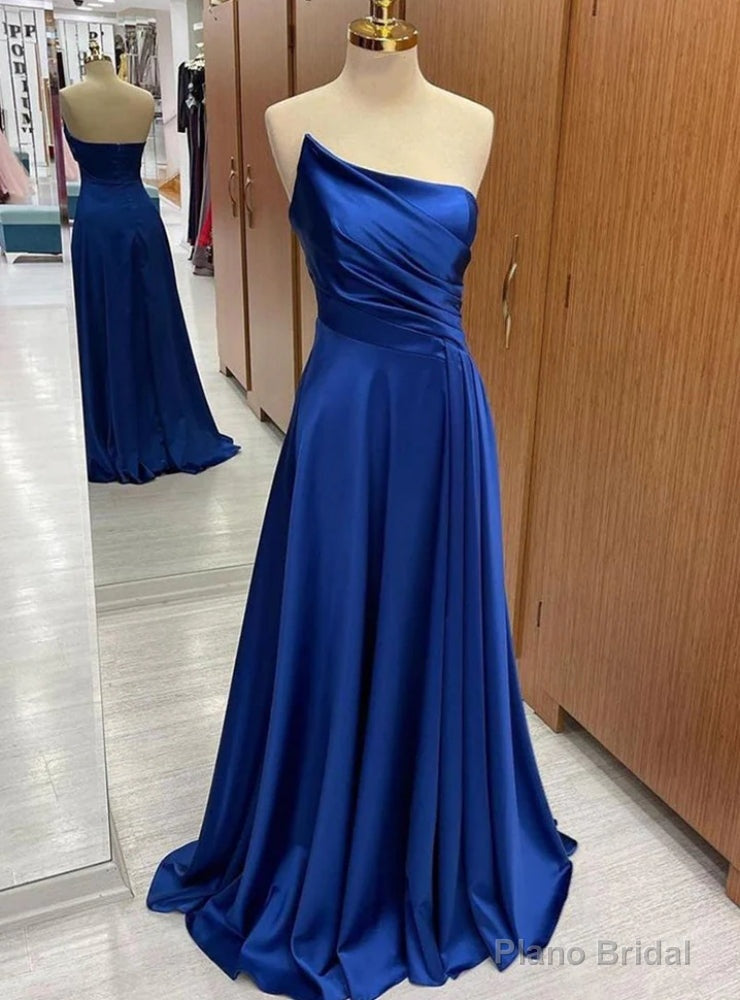 Royal Blue Satin Strapless Pleats Prom Dress Main image