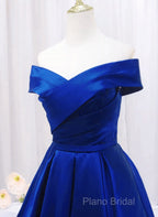 Royal Blue Satin Sweetheart Off Shoulder Long Formal Dresses, A-Line Formal Prom Dresses