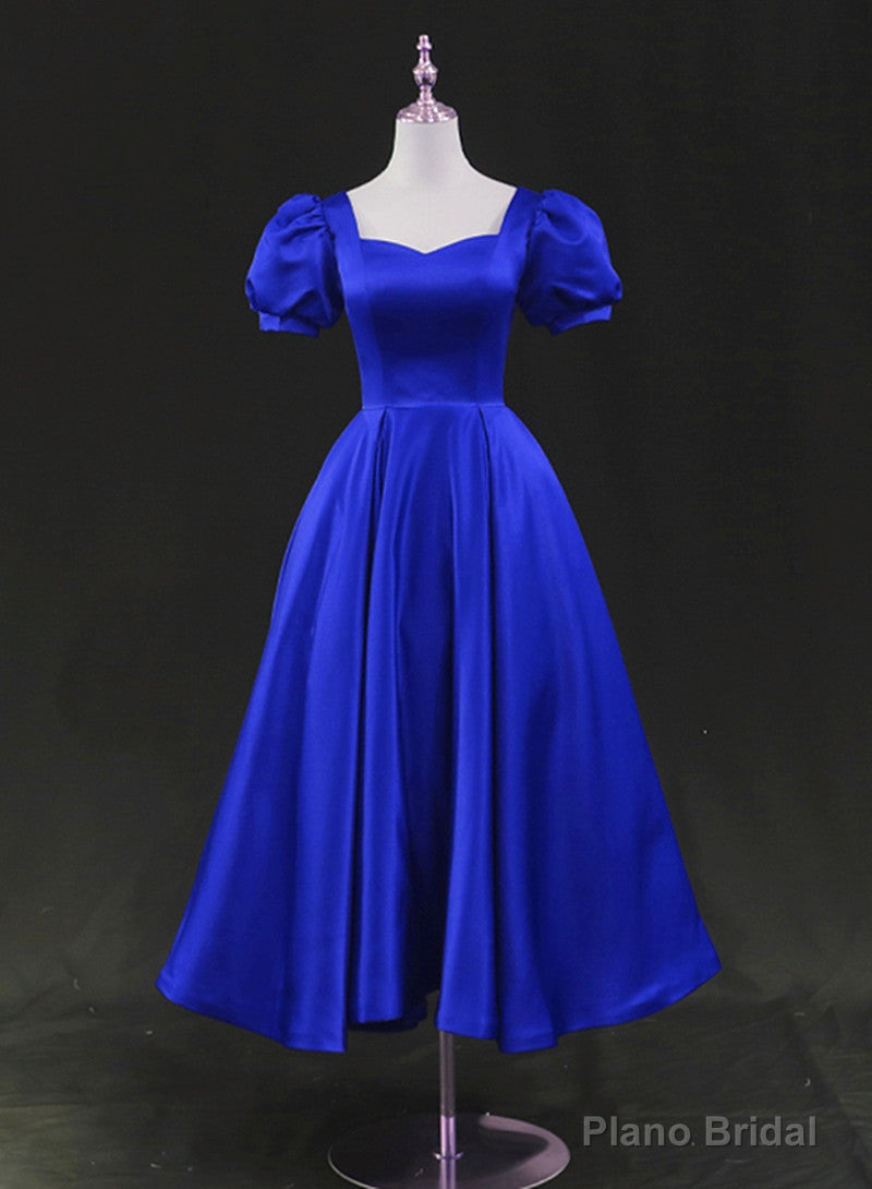 Royal Blue Satin Tea Length Wedding Party Dress, Blue Prom Homecoming Dress Secondary image
