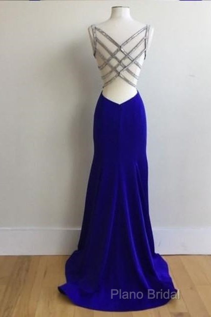 Royal Blue Satin V Neck Mermaid Formal Dresses With Cross Back