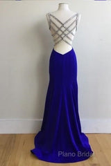 Royal Blue Satin V Neck Mermaid Formal Dresses With Cross Back