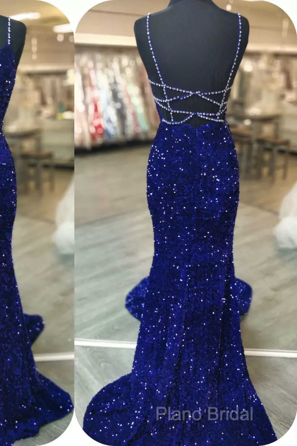 Royal Blue Sequin Beaded Mermaid Formal Prom Dresses Spaghetti Straps