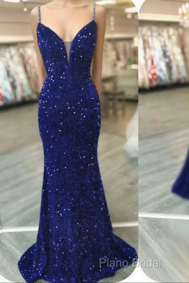 Royal Blue Sequin Beaded Mermaid Formal Prom Dresses Spaghetti Straps