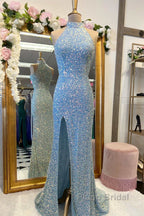 Royal Blue Sequin Halter Long Formal Dress with Slit Formal Prom Dresses
