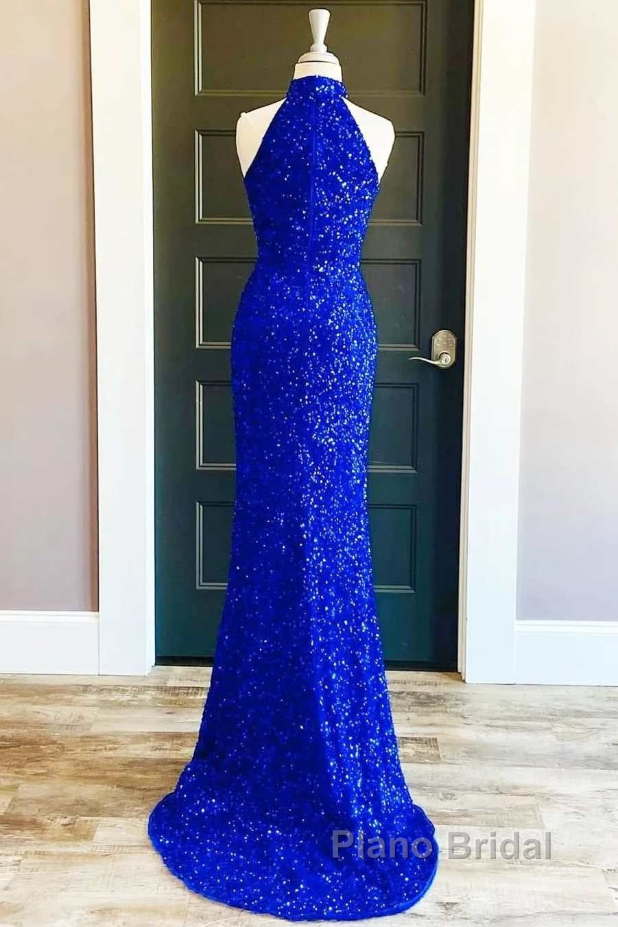 Royal Blue Sequin Halter Long Formal Dress with Slit Formal Prom Dresses