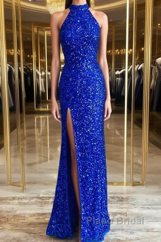 Royal Blue Sequin Halter Long Formal Dress with Slit Formal Prom Dresses Main image
