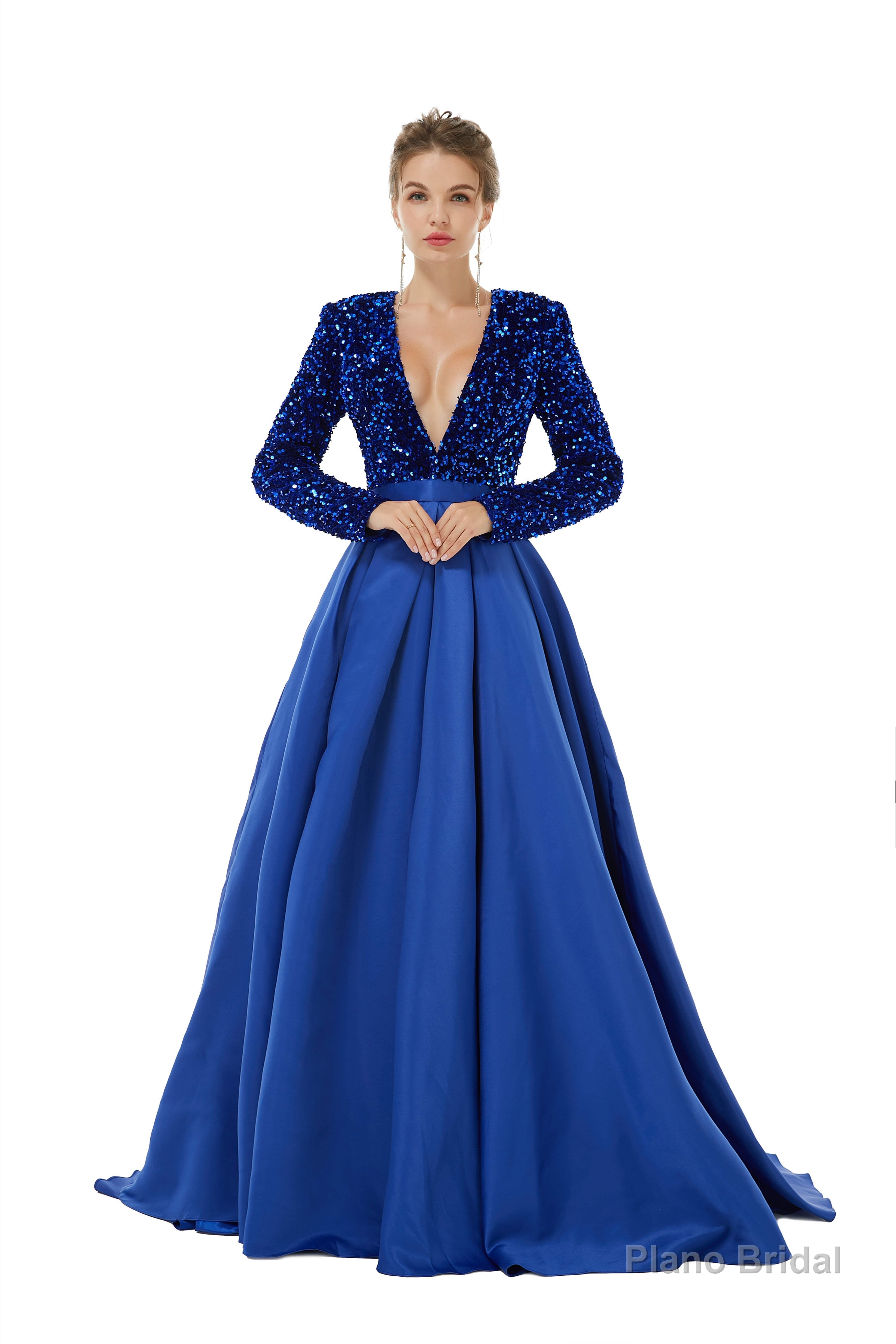 Sequined Satin A Line Front Slit V Neck Full Sleeve Sweep Train Long Prom Dresses