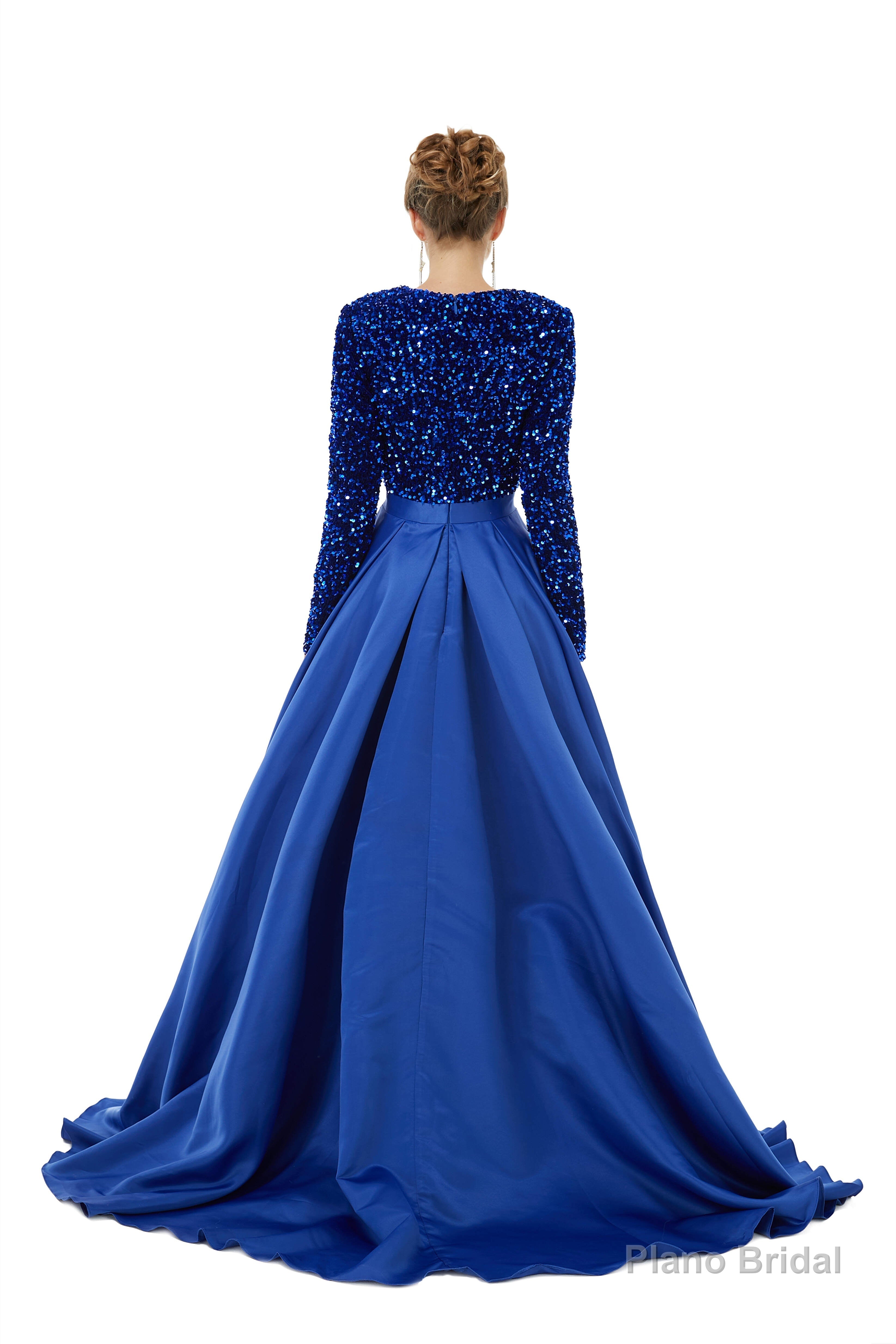 Sequined Satin A Line Front Slit V Neck Full Sleeve Sweep Train Long Prom Dresses