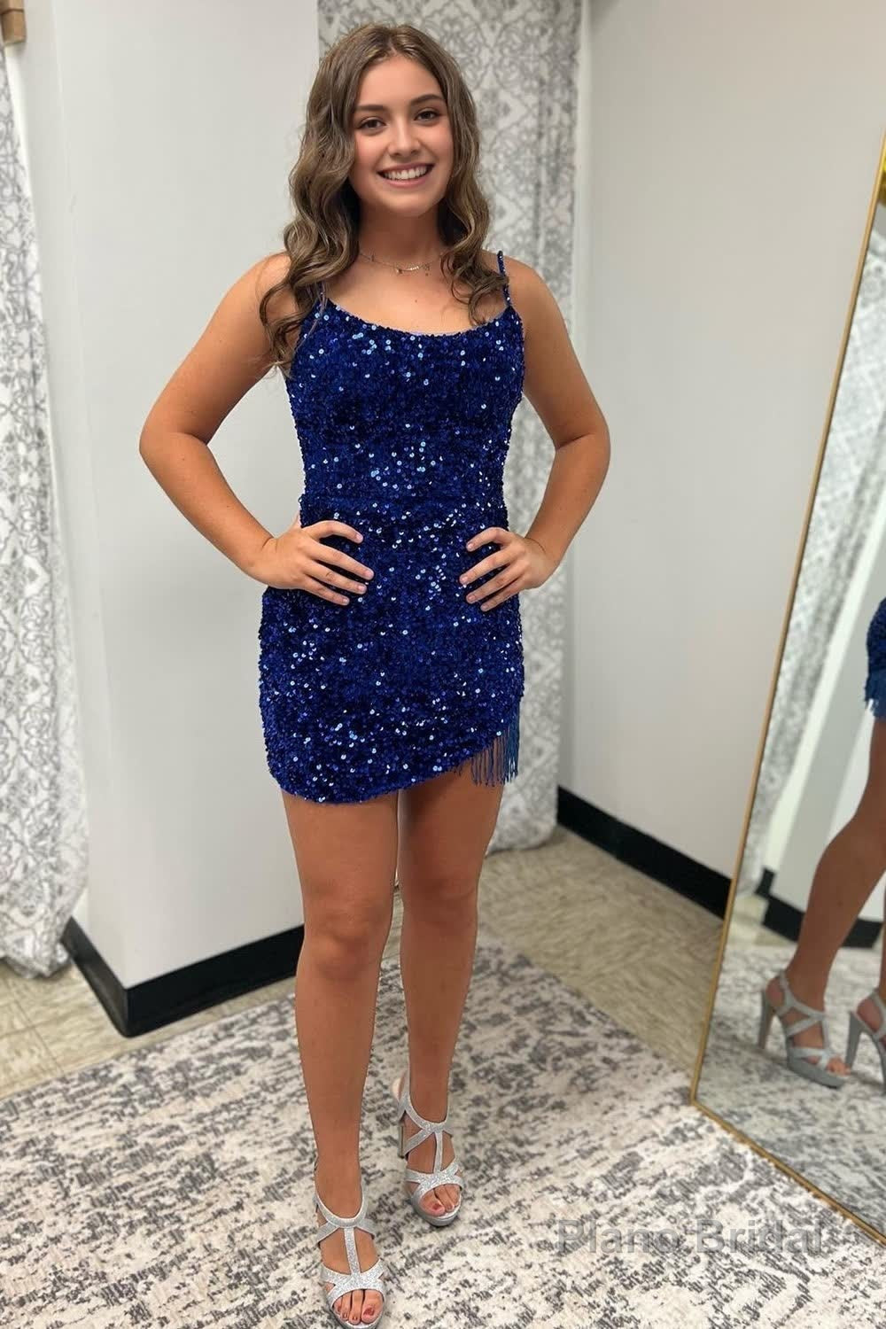 Royal Blue Sequined Tight Homecoming Dress with Fringes Main image