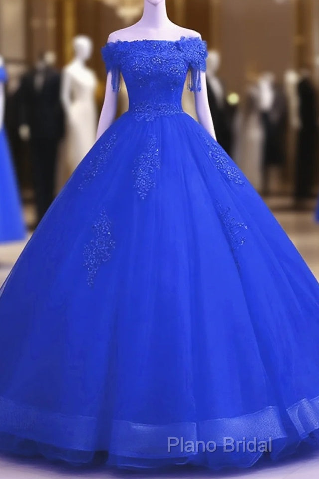 Royal Blue Sequins Beaded Tulle Sweet 16 Dresses, Royal Blue Long Formal Dresses