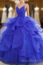 Royal Blue Spaghetti Strap Quinceanera Dresses V-neck with Ruffles