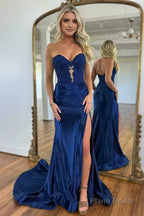 Royal Blue Strapless Lace Mermaid Long Prom Dresses With Slit