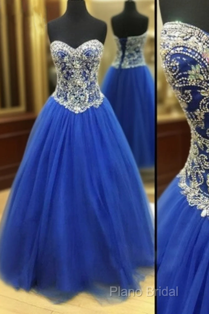 Royal Blue Tulle Beaded Long Formal Prom Dresses, Blue Formal Dresses Main image