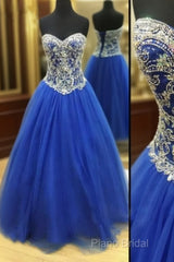 Royal Blue Tulle Beaded Long Formal Prom Dresses, Blue Formal Dresses