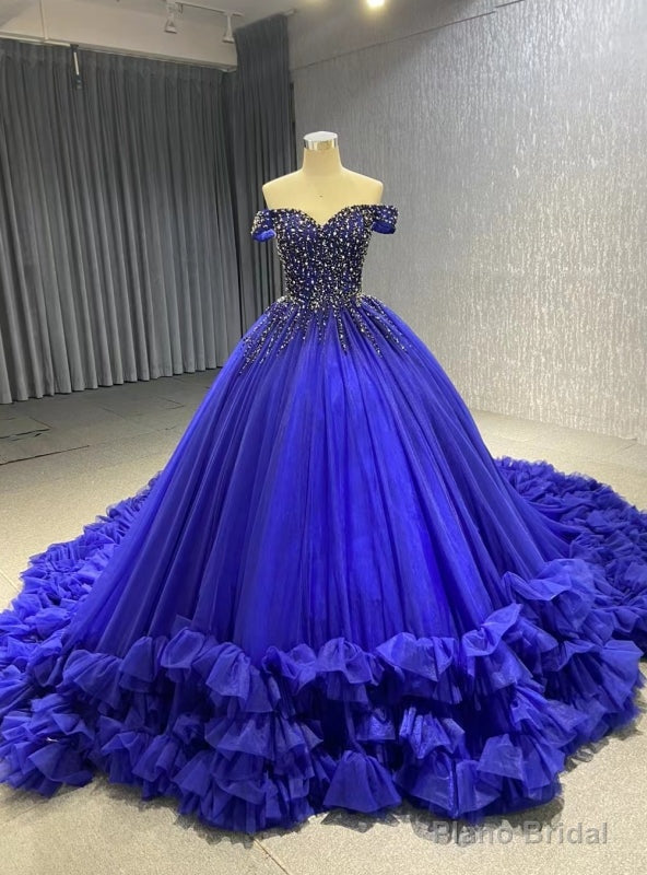 Royal Blue Tulle Off the Shoulder Beading Prom Dress Main image