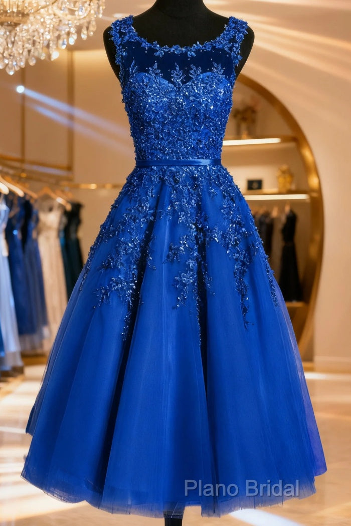 Royal Blue Tulle Tea Length Applique Round Neckline Formal Dresses, Blue Wedding Party Dresses Main image