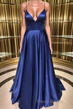 Royal Blue V Neck Backless Satin Long Formal Prom Dresses, Royal Blue Formal Dresses, Backless Royal Blue Evening Dresses