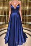 Royal Blue V Neck Backless Satin Long Formal Prom Dresses, Royal Blue Formal Dresses, Backless Royal Blue Evening Dresses