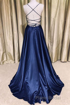 Royal Blue V Neck Backless Satin Long Formal Prom Dresses, Royal Blue Formal Dresses, Backless Royal Blue Evening Dresses