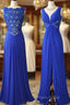 Royal Blue V Neck Chiffon Lace Long Formal Prom Dresses, Formal Dresses