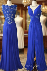 Royal Blue V Neck Chiffon Lace Long Formal Prom Dresses, Formal Dresses