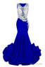 Royal Blue V-Neck Sheer Corset Prom Dresses Beaded Mermaid Long Train Evening Gowns