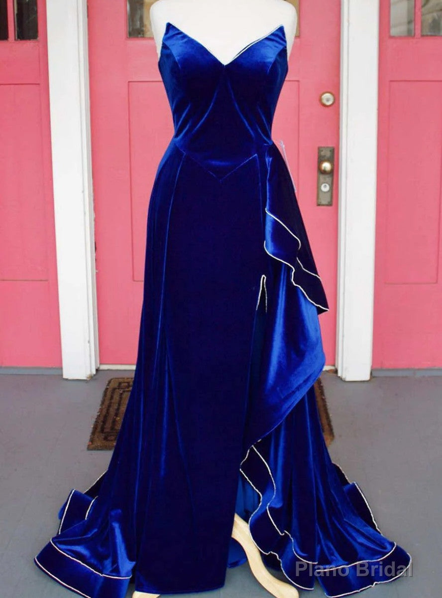Royal Blue Velvet Strapless Split Prom Dress Main image