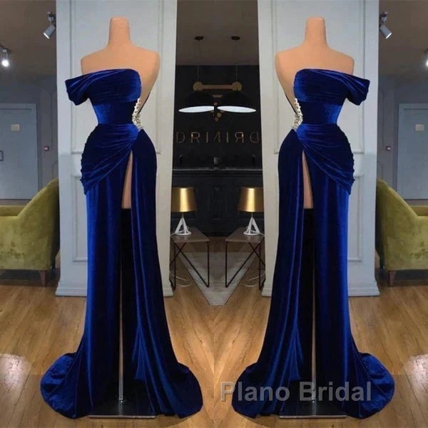 Royal Blue Velvet Trumpet Mermaid Formal Prom Dresses With Slit Secondary image