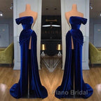Royal Blue Velvet Trumpet Mermaid Formal Prom Dresses With Slit