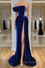 Royal Blue Velvet Trumpet Mermaid Formal Prom Dresses With Slit