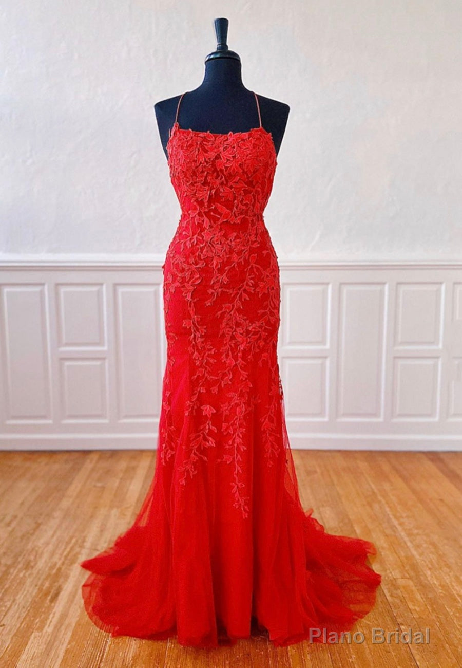 Red Lace Long Prom Dresses, Mermaid Evening Dresses Main image