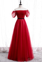 Red Tulle Long Prom Dresses, A-Line Off the Shoulder Evening Dresses