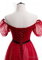 Red Tulle Long Prom Dresses, A-Line Off the Shoulder Evening Dresses