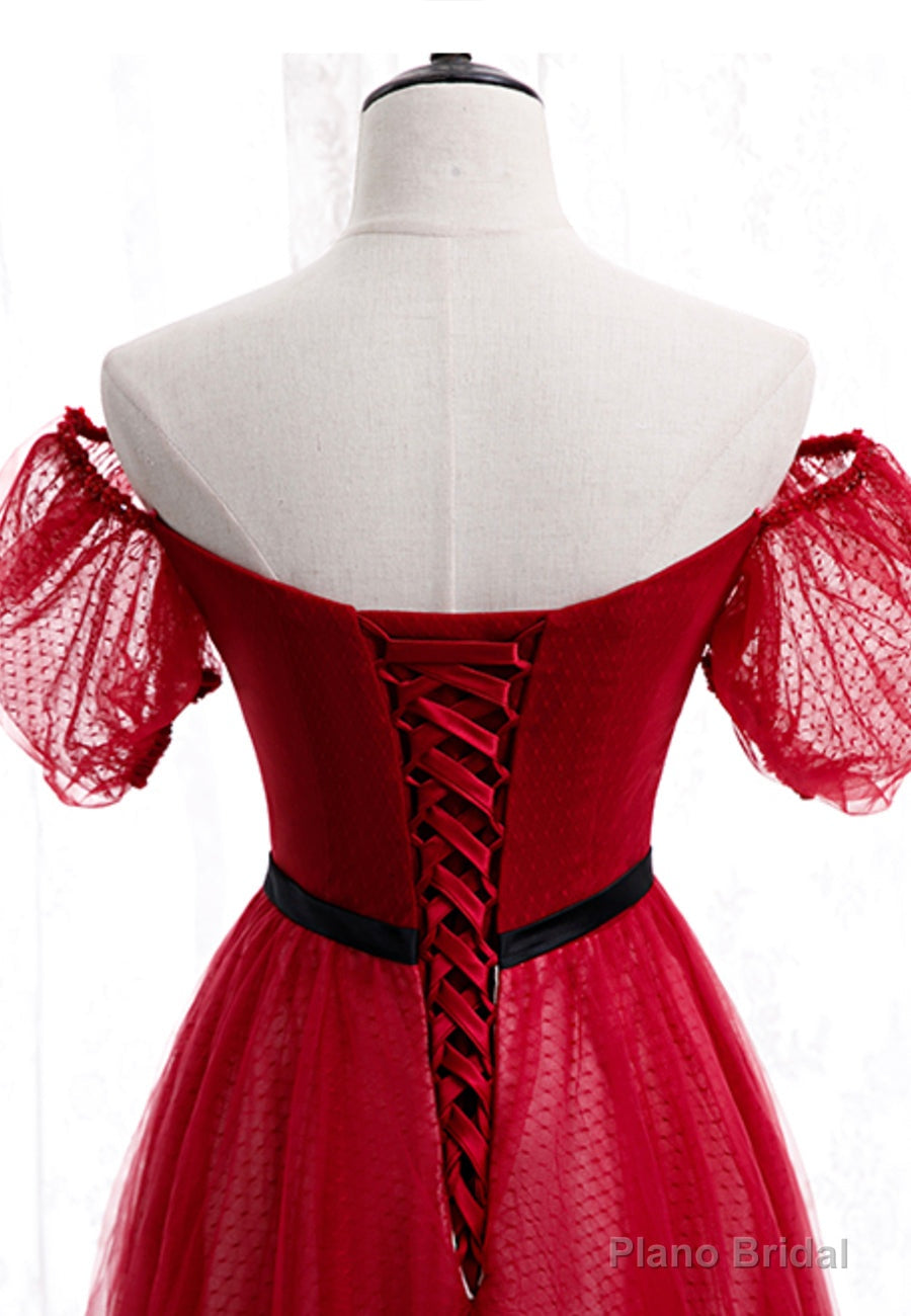Red Tulle Long Prom Dresses, A-Line Off the Shoulder Evening Dresses