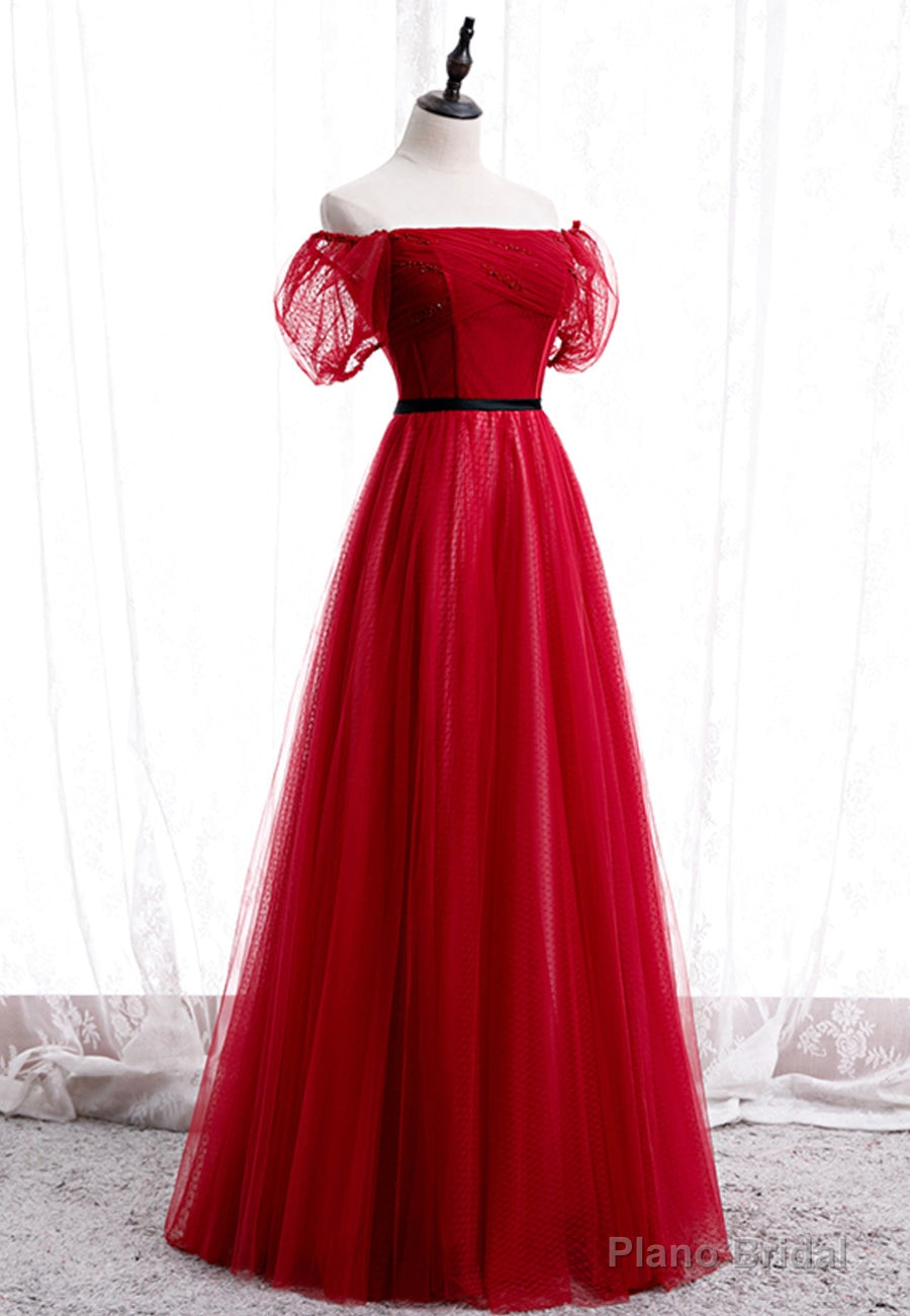 Red Tulle Long Prom Dresses, A-Line Off the Shoulder Evening Dresses Main image