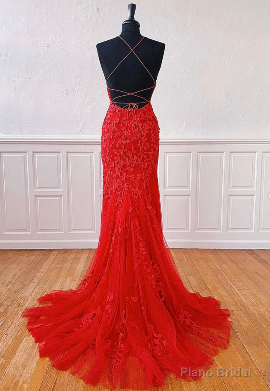 Red Lace Long Prom Dresses, Mermaid Evening Dresses Secondary image