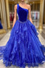 Ruffle One Shoulder Royal Blue Velvet Top Long Prom Dresses