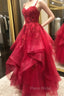 Ruffled A-line Lace Long Formal Prom Dresses With Beading