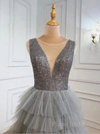Ruffles Tulle V Neck Gray Sequin Long Formal Prom Dresses