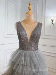 Ruffles Tulle V Neck Gray Sequin Long Formal Prom Dresses