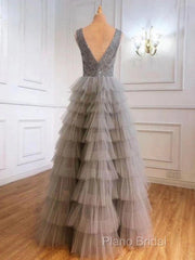 Ruffles Tulle V Neck Gray Sequin Long Formal Prom Dresses