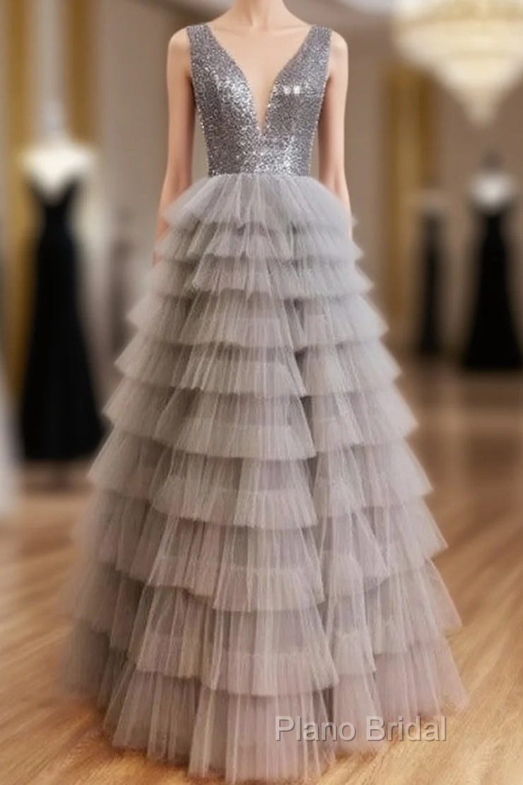 Ruffles Tulle V Neck Gray Sequin Long Formal Prom Dresses Main image