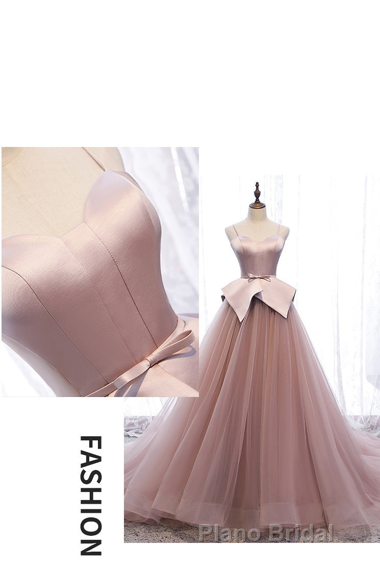Pink Spaghetti Straps Tulle Long Formal Prom Dresses, Unique Long Wedding Dess